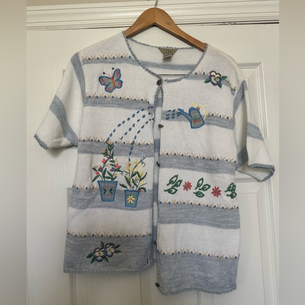 EUC Teddi Women’s Cardigan PL Garden Design Grannycore Embroidered Blue Spring